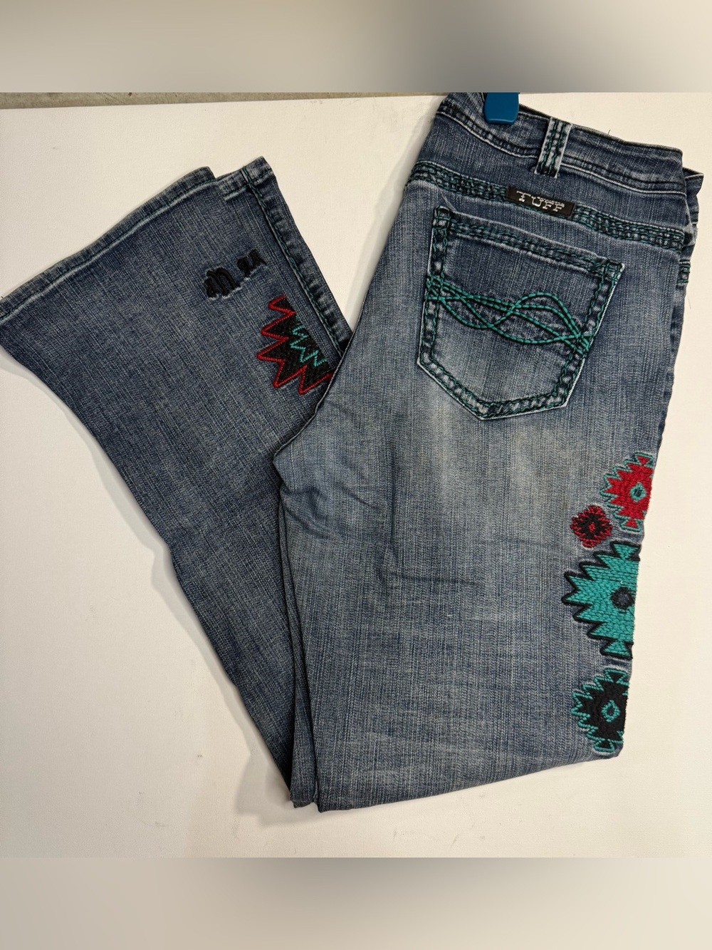 Cowgirl Tuff Denim Boot-Cut Jeans with Teal & Red Floral Embroidery